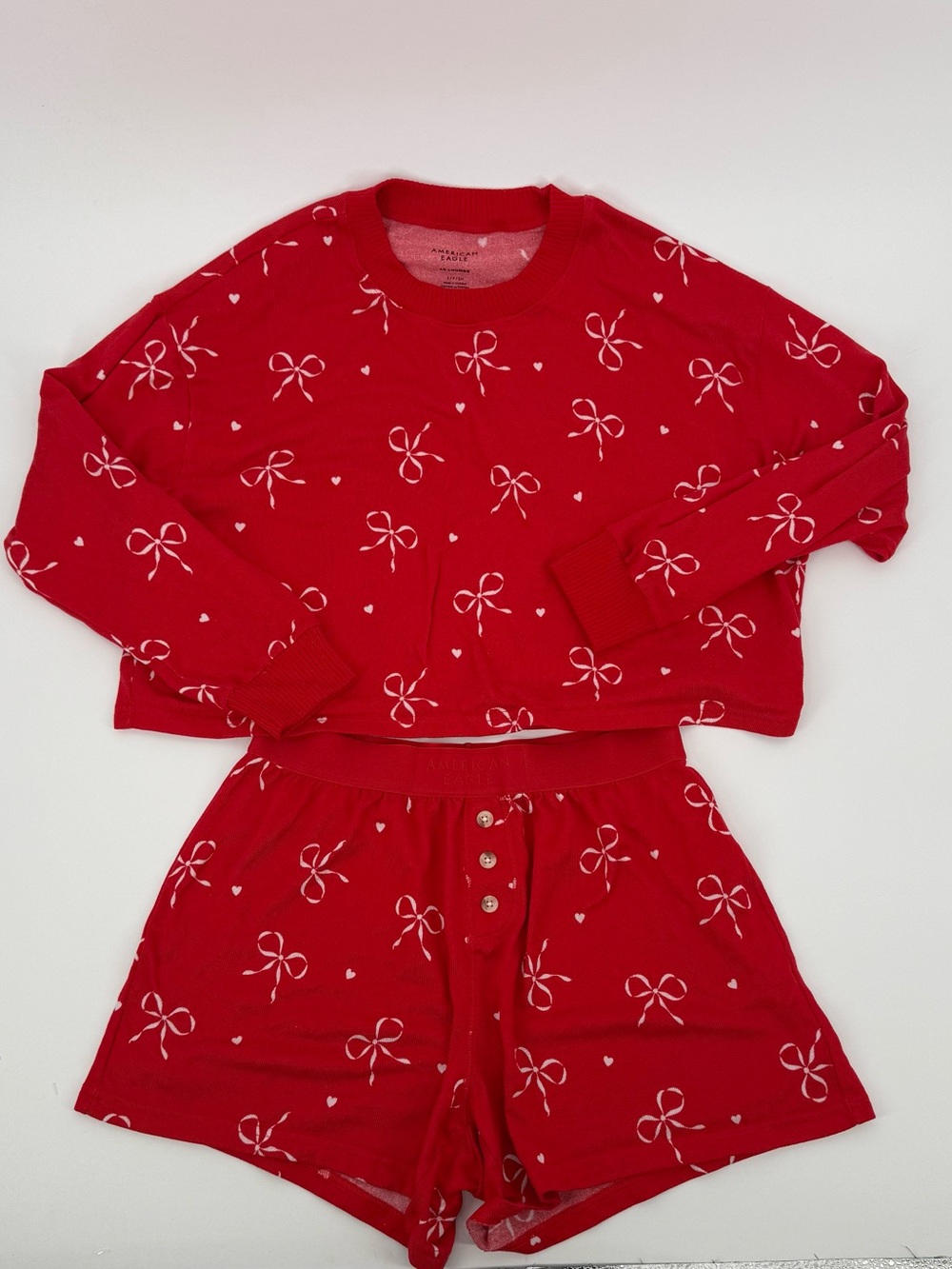 American Eagle Outfitters Red Bow-Print Pajama Top & Shorts Set